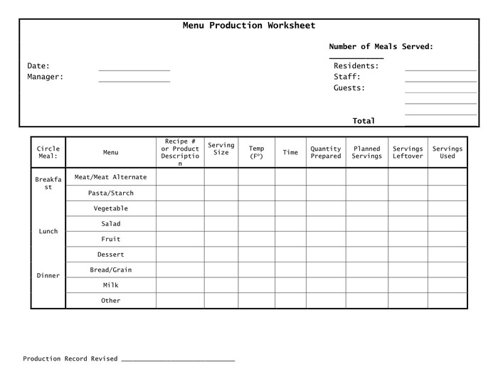 Menu production worksheet template in Word and Pdf formats