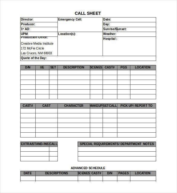 Call Sheet Template 23 Free Word PDF Documents