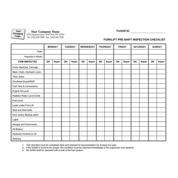 Basic Forklift Inspection Checklist Template Templates