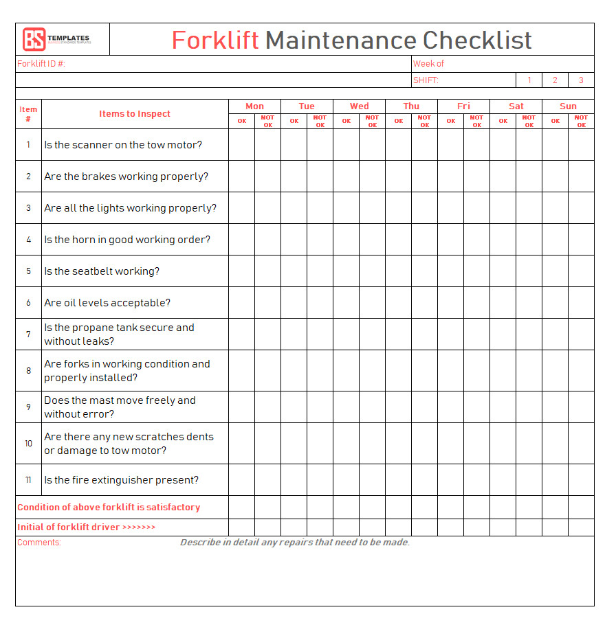 Maintenance Checklist Template 10 daily weekly