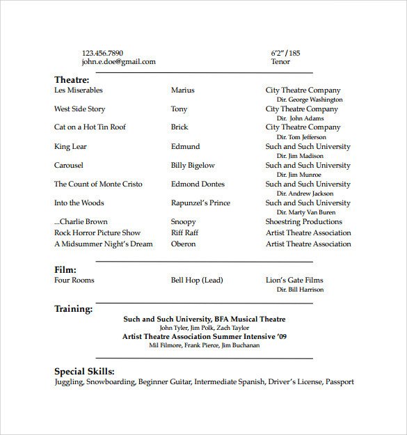 Acting Resume Template 19 Download in PDF Word PSD