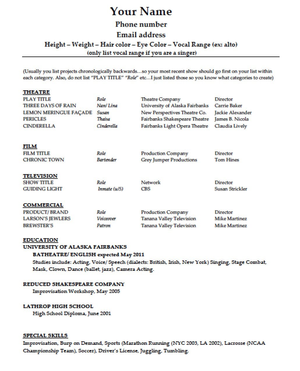 Download Acting Résumé Template PDF