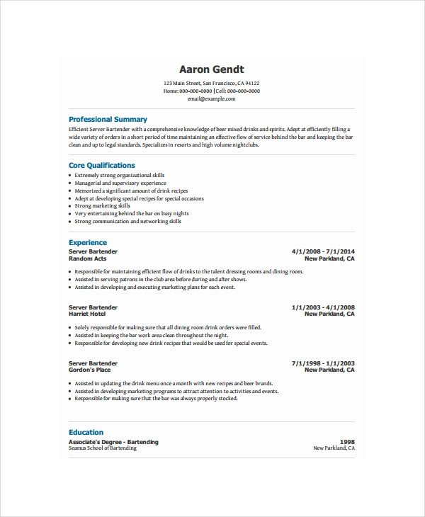 Bartender Resume Template 6 Free Word PDF Document