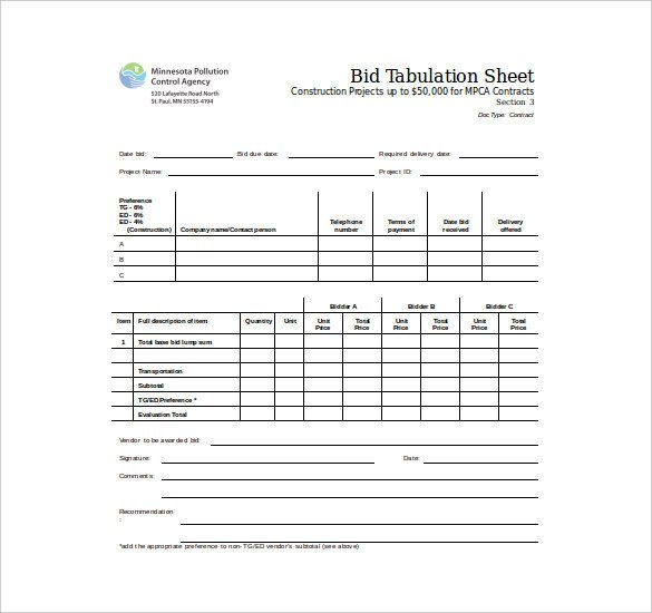 Bid Sheet Template 14 Free Sample Example Format