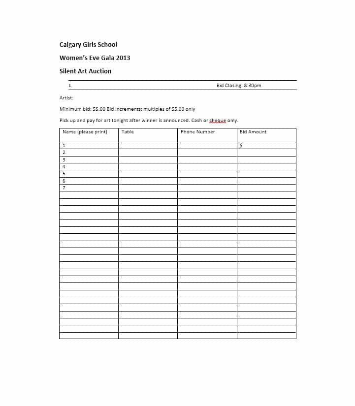 Free Silent Auction Bid Sheet Templates Word Excel