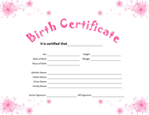 Birth Certificate Template for Girl
