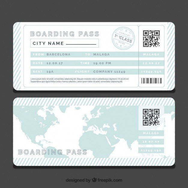 Striped boarding pass template with blue world map Vector