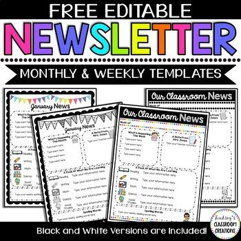 Editable Classroom Newsletter Templates Color & Black