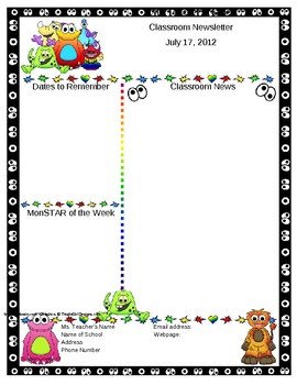 Monster Themed Classroom Newsletter Template Editable by