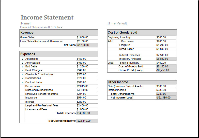 MS Excel In e Statement Editable Printable Template