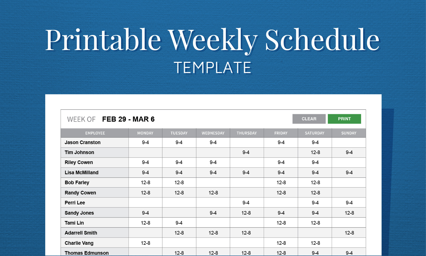 Free Printable Work Schedule Template For Employee