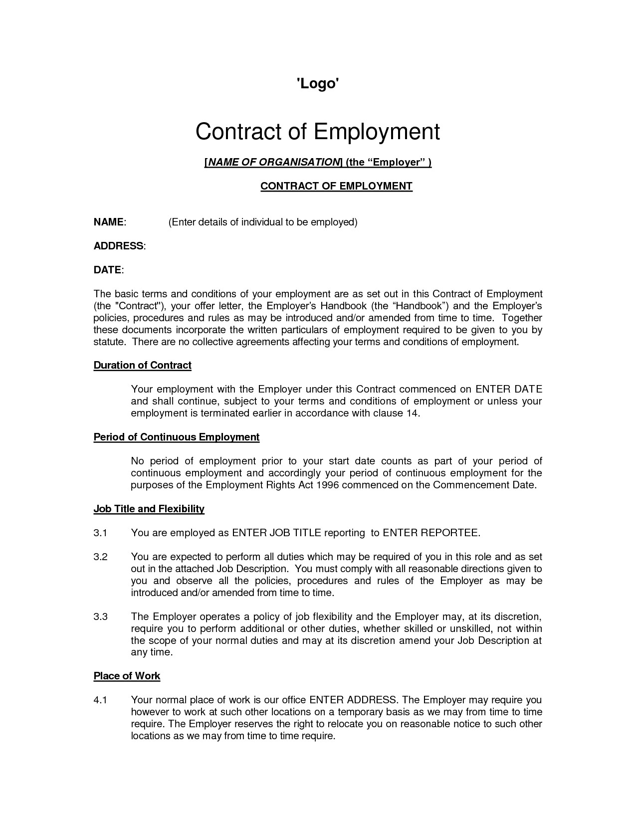 Free Printable Employment Contract Sample Form GENERIC