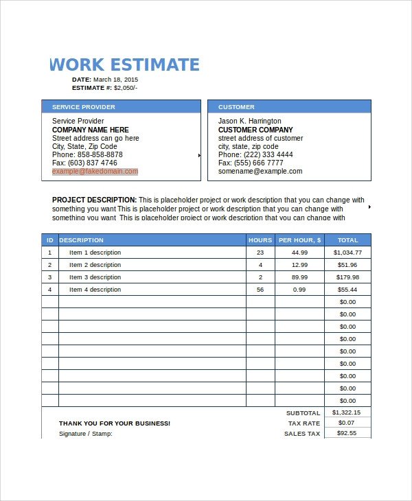 Sample Work Estimate Templates 7 Free Documents
