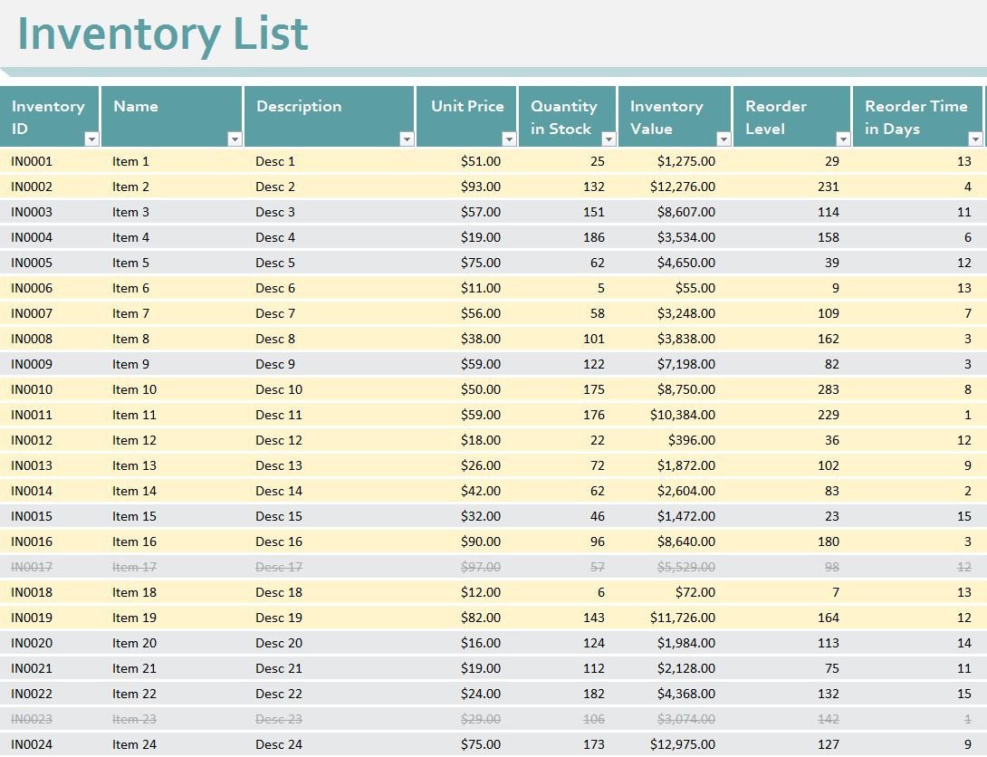 Inventory Sheet Template Excel Workbook