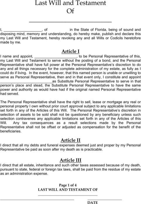 Florida Last Will And Testament Form