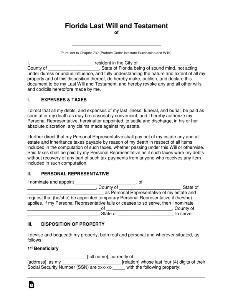 Free Florida Last Will and Testament Template PDF