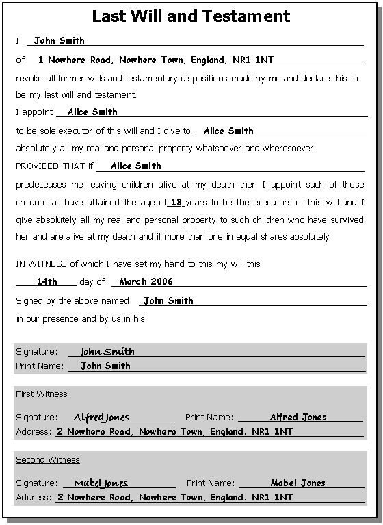Printable Sample Last Will And Testament Template Form