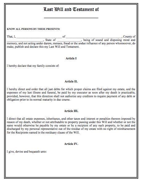 Printable Sample Last Will And Testament Template Form