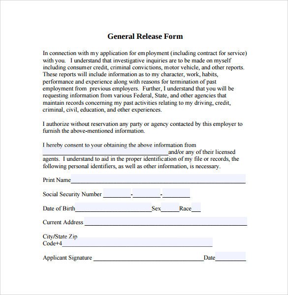 Sample General Release Form 10 Download Free Documents