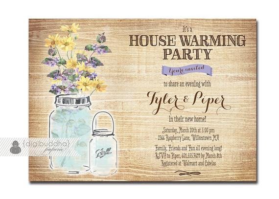 Mason Jar Housewarming Invitation Rustic Wood Watercolor