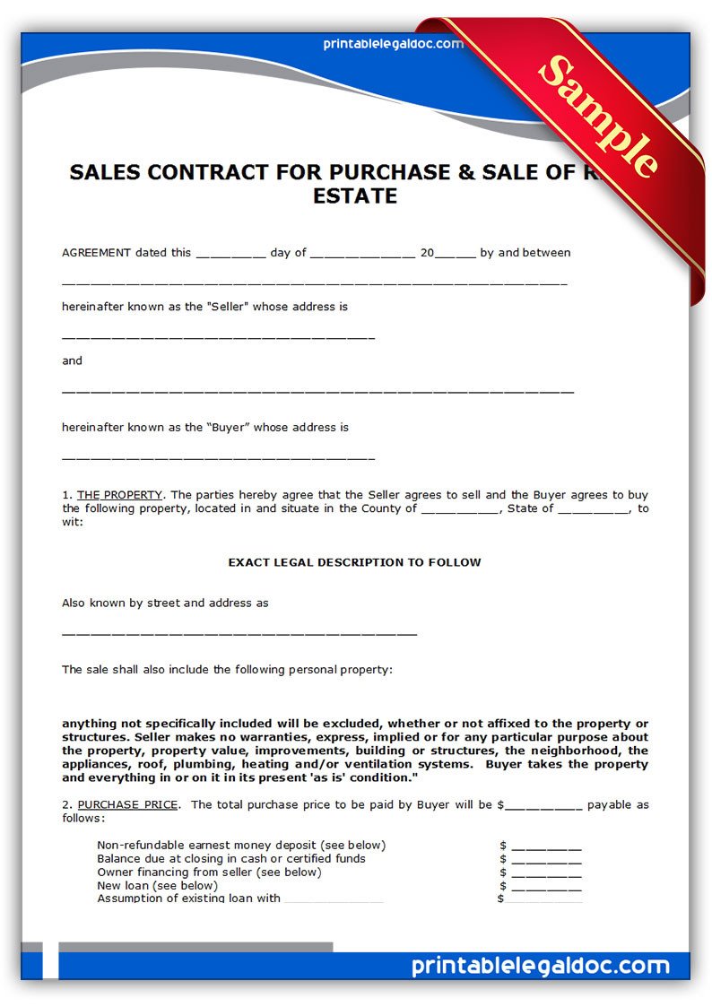 Free Printable Contract To Sell Land Contract Form