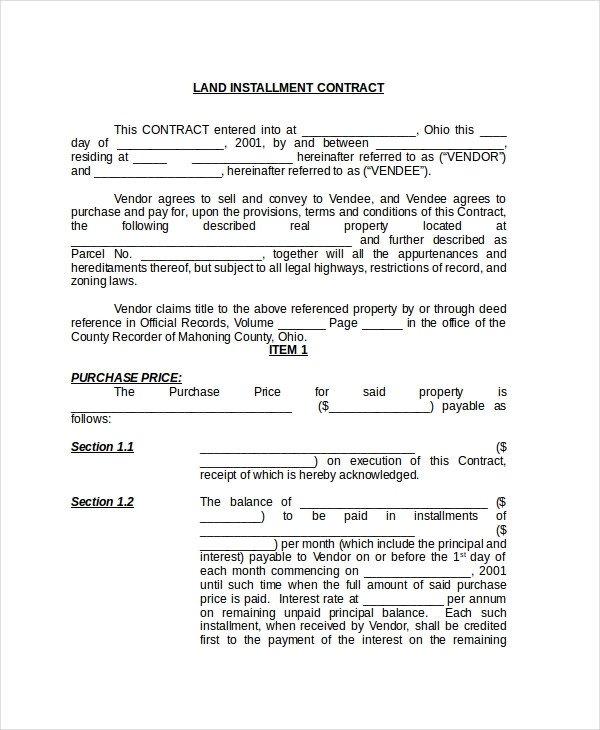 Sample Land Contract Form 8 Free Documents in PDF Doc