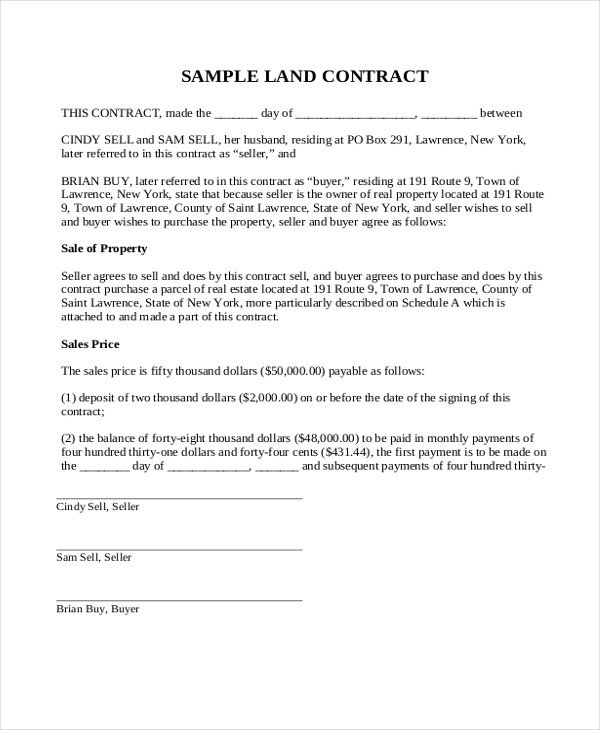 Sample Land Contract Form 8 Free Documents in PDF Doc