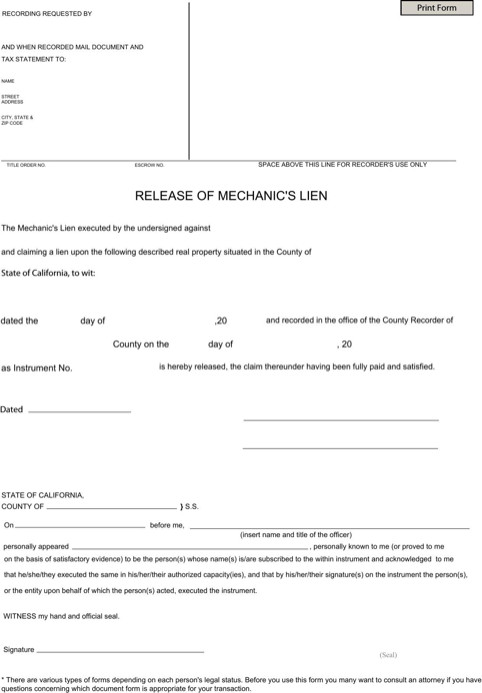 California Mechanic s Lien Release Form