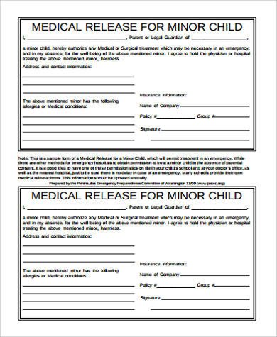 Medical Release Form For Child Sample 9 Examples in