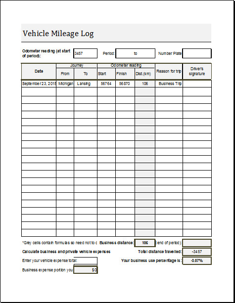 Vehicle Mileage Log Book Template for EXCEL