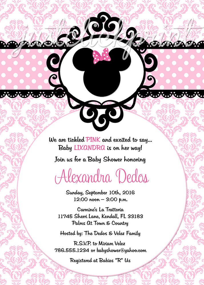5x7 Printed Minnie Mouse Pink Damask Party Invitations