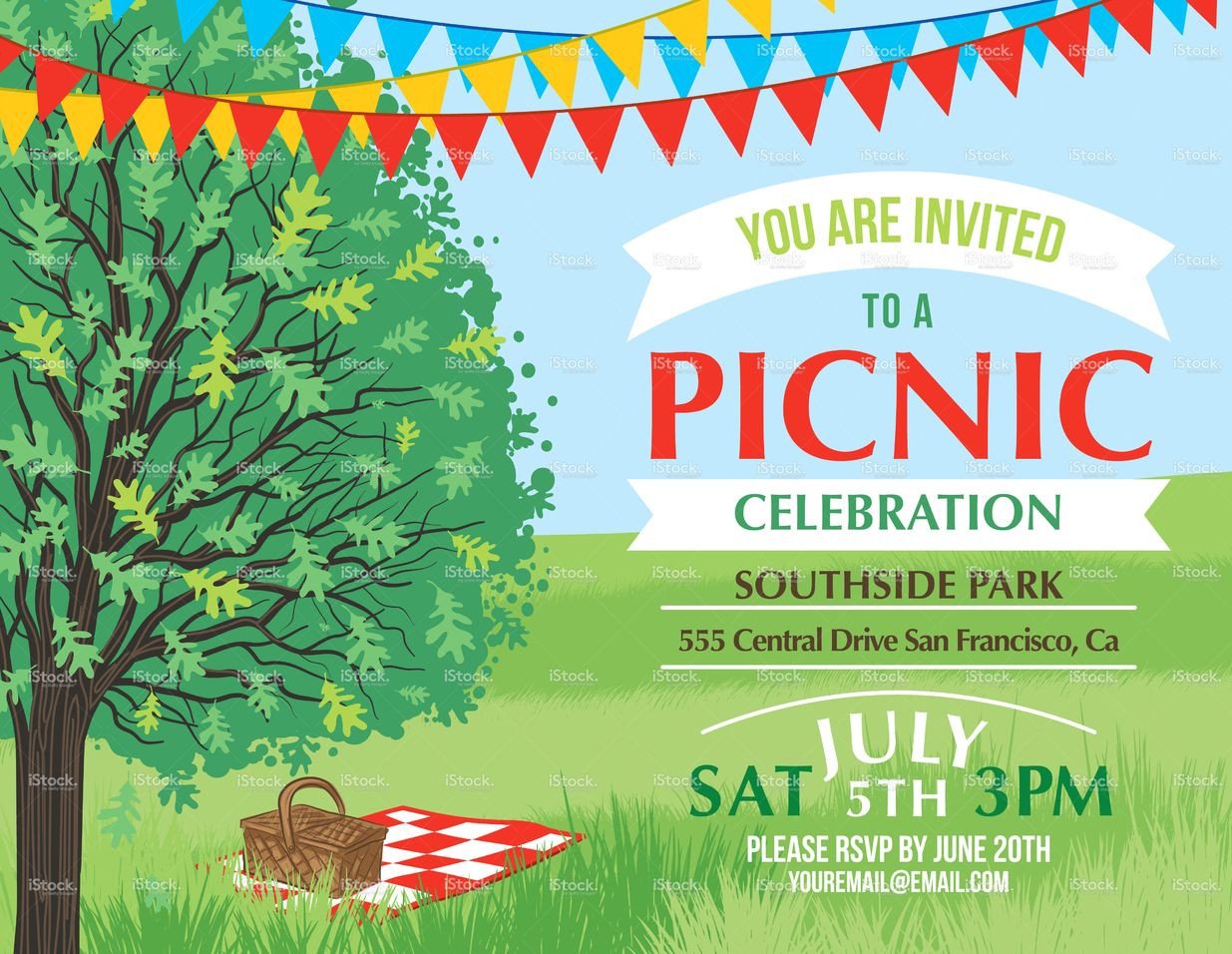 Summer picnic and BBQ invitation flyer or template Text