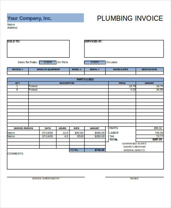 Sample Plumbing Invoice 7 Examples in PDF Excel Word