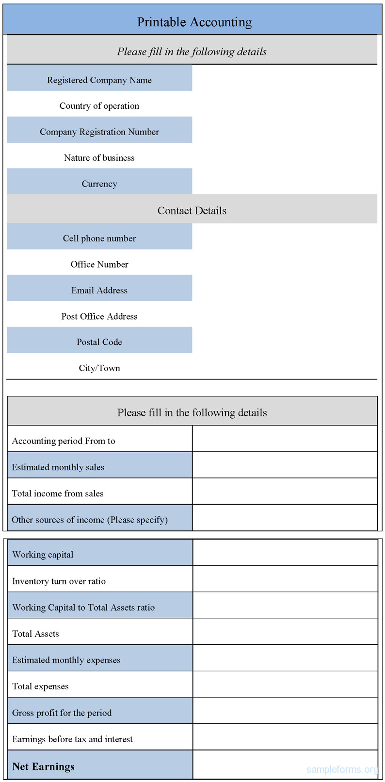 Printable Accounting Form Sample Forms