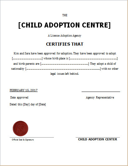 Child Adoption Certificate Template for WORD