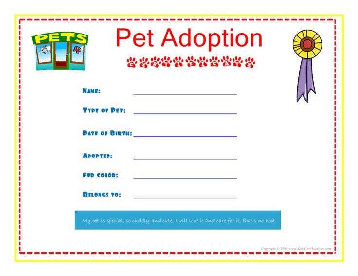 Pet Adoption Certificate for the kids to fill out about