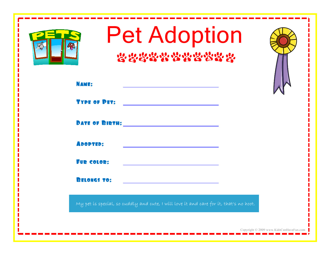 Pet Adoption Certificate for the kids to fill out about