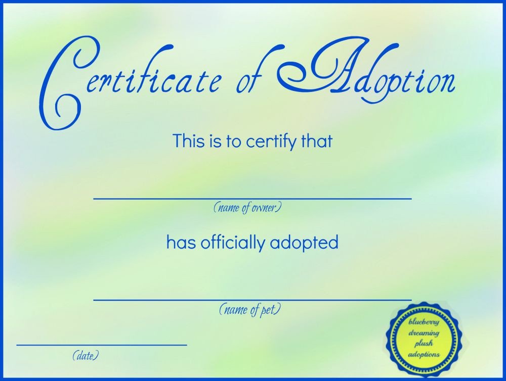 Printable Stuffed Animal Adoption Certificates