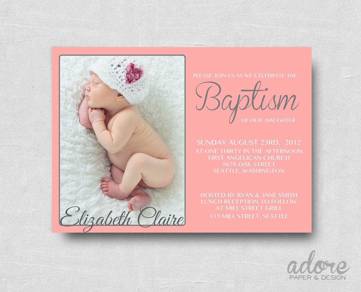 Modern Coral Pink & Gray Printable Baptism Invitation