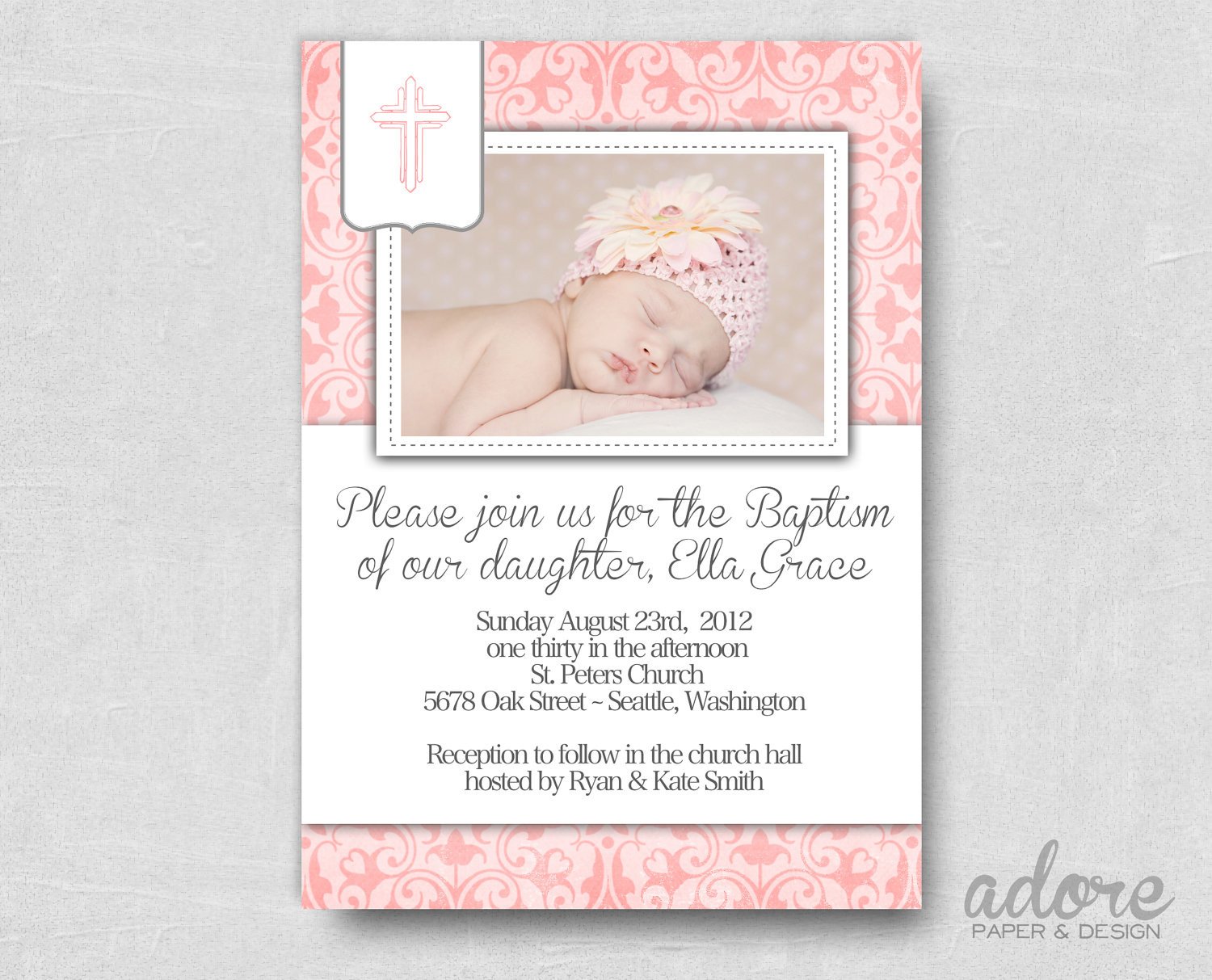 Pink Damask Printable Baptism Invite Choose your