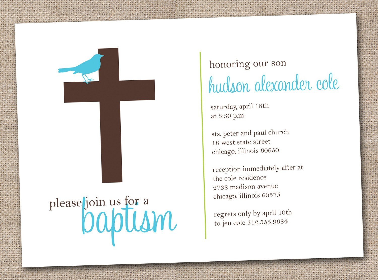Printable Baptism Invitations Blue and Brown Sparrow Bird and
