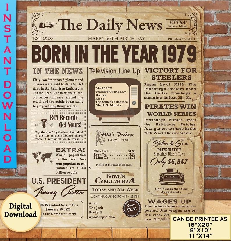 1979 Birthday NEWSPAPER Poster for 40th Birthday 1979