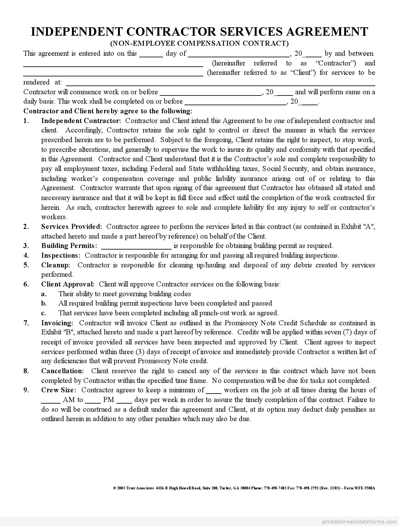 Free Printable independent contractor agreement Form