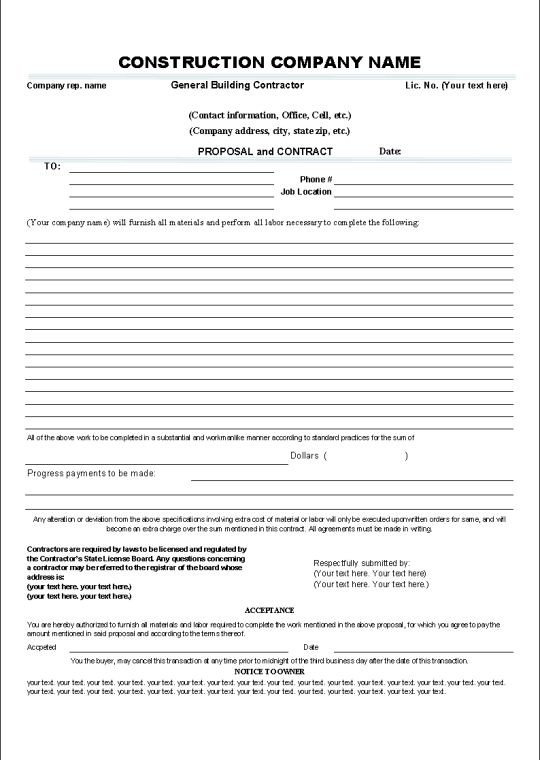 Printable Sample Construction Contract Template Form