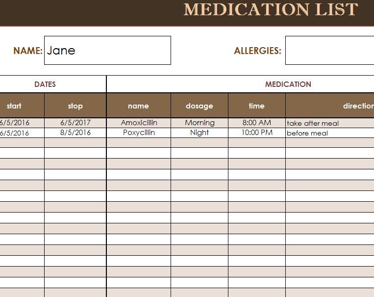Medication List Template My Excel Templates