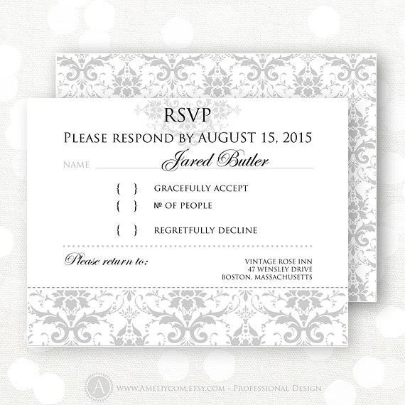 Printable RSVP Card Gray Damask Winter Wedding Reply Card
