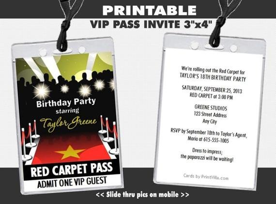 Red Carpet Paparazzi VIP Pass Birthday Party Invitations