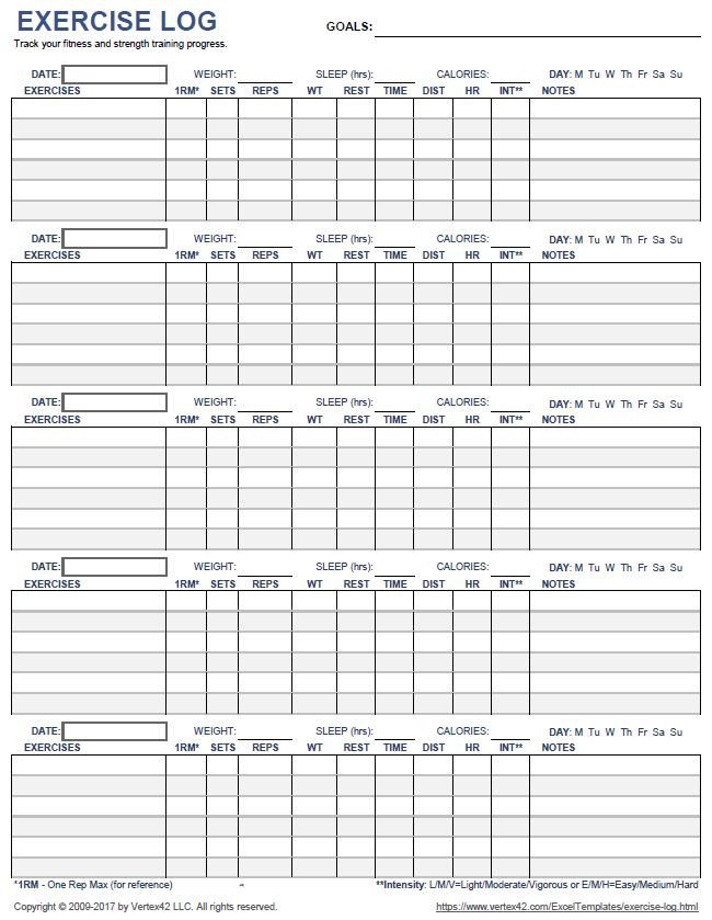 Download a printable exercise log to track your daily
