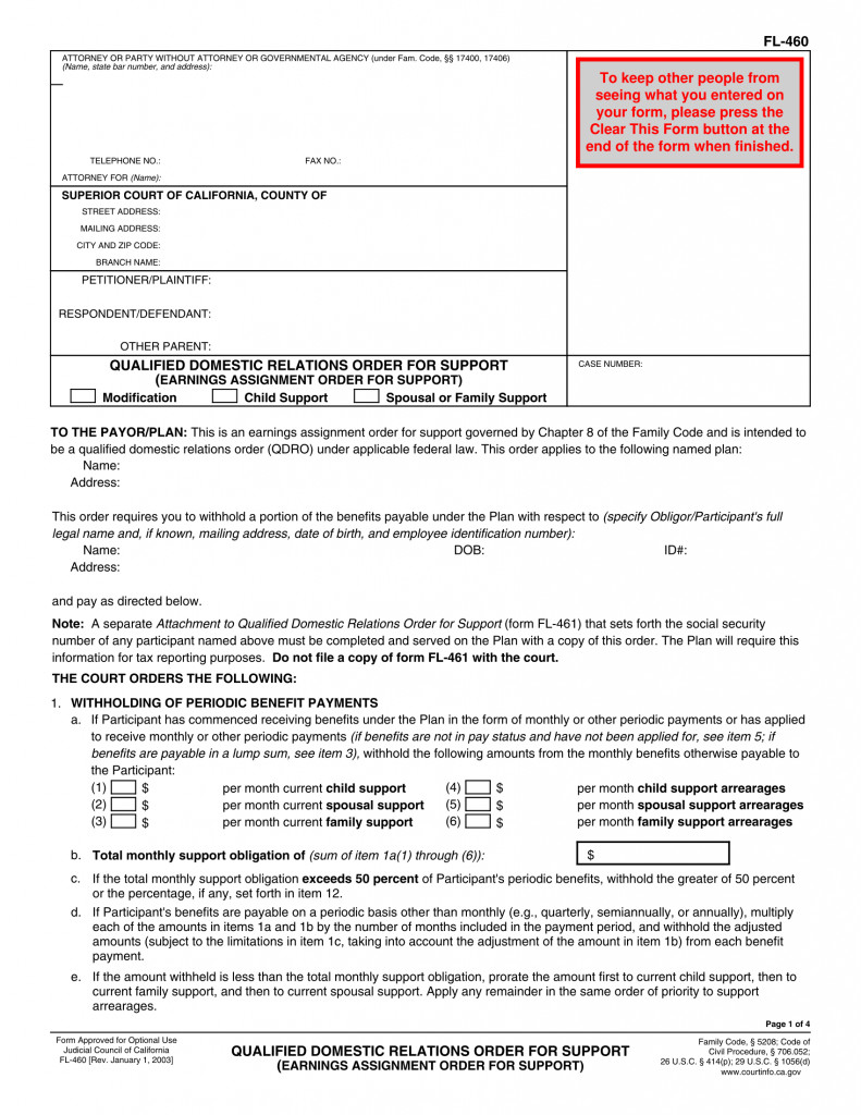FL 460 Qualified Domestic Relations Order Form Family Law