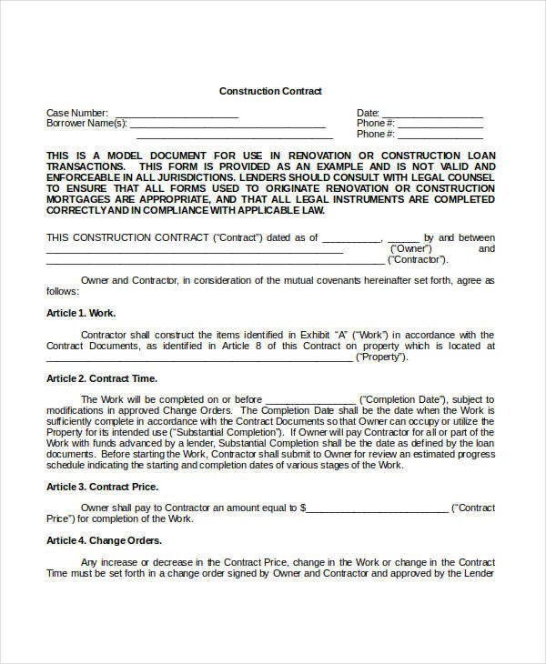 Construction Contract Template 14 Word PDF Apple
